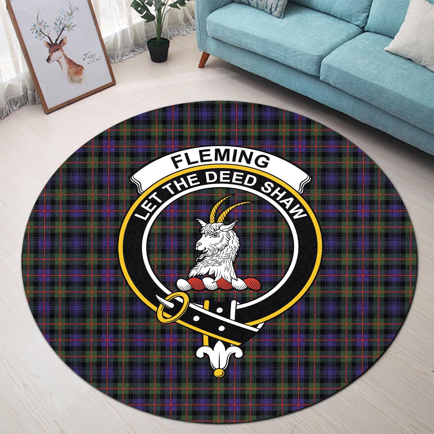 Fleming Tartan Round Rug with Family Crest - Tartanvibesclothing