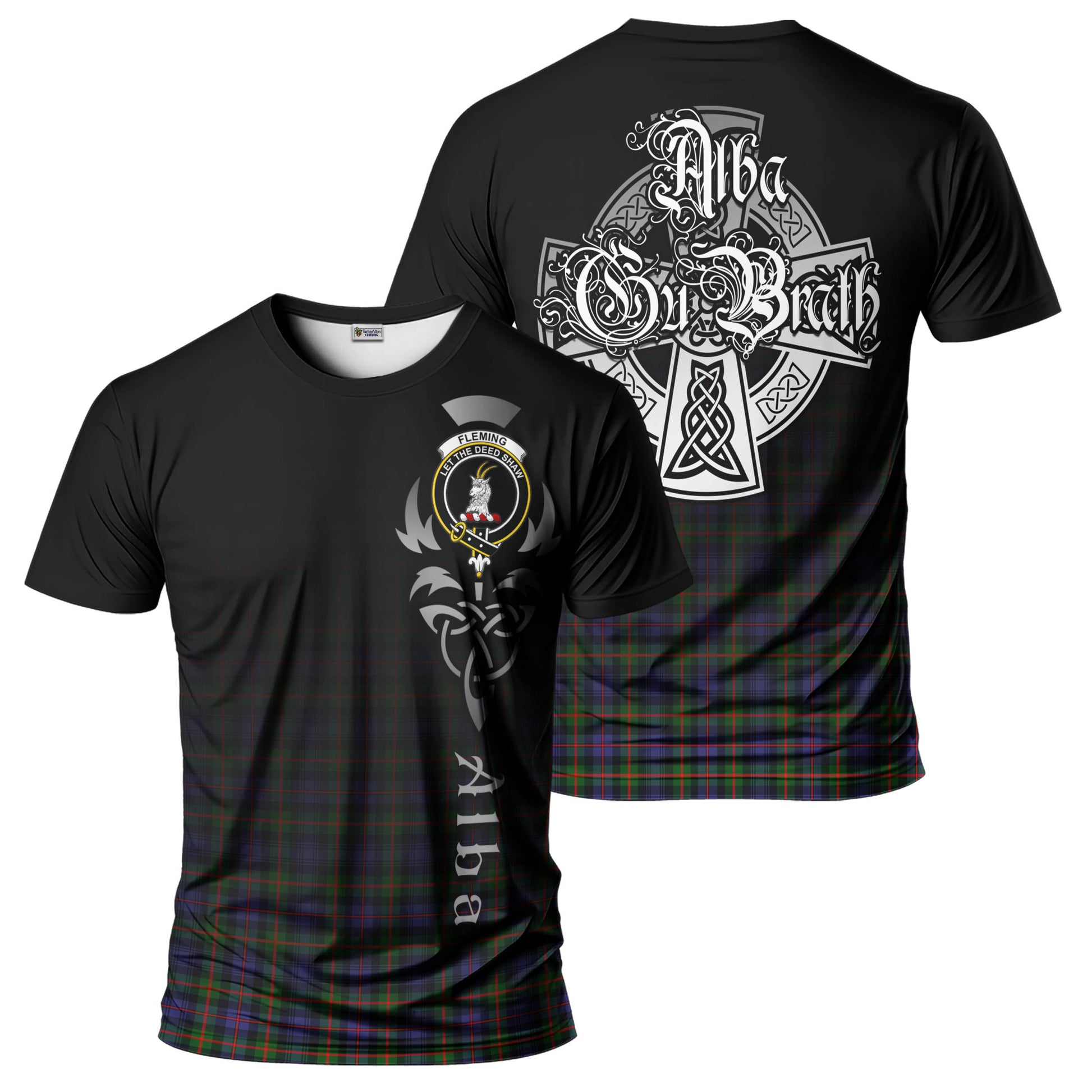 Tartan Vibes Clothing Fleming Tartan T-Shirt Featuring Alba Gu Brath Family Crest Celtic Inspired