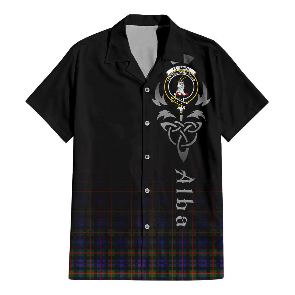 Tartan Vibes Clothing Fleming Tartan Short Sleeve Button Up Featuring Alba Gu Brath Family Crest Celtic Inspired