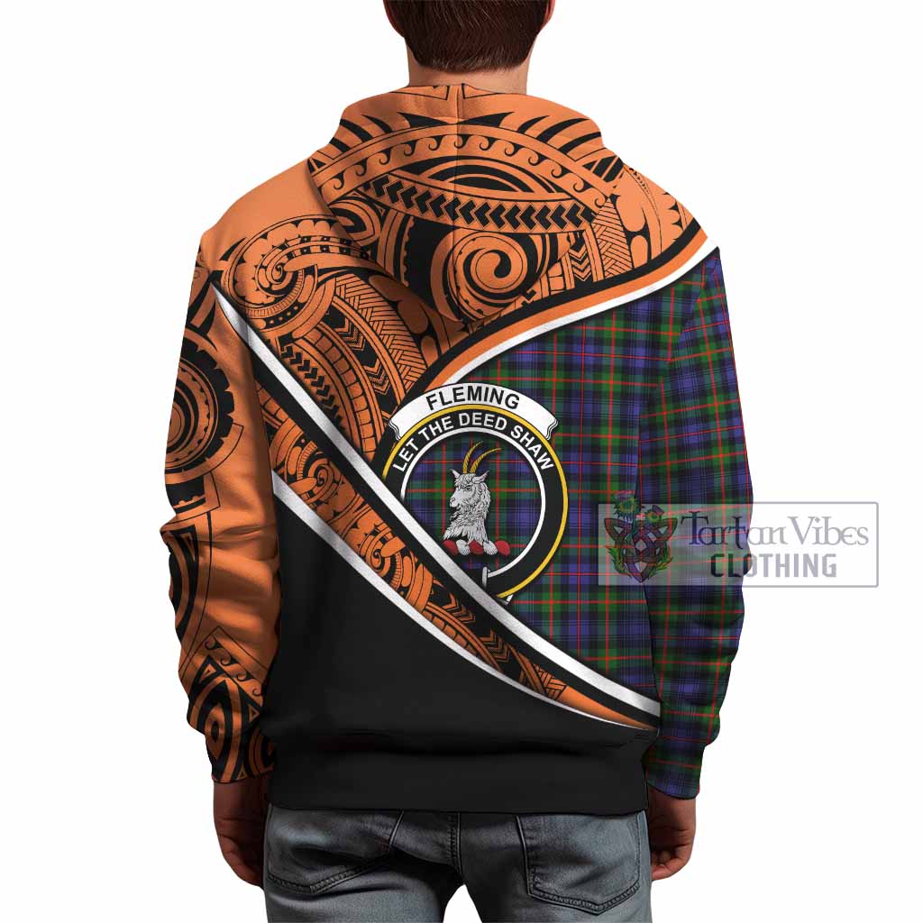 Tartan Vibes Clothing Fleming Crest Tartan Hoodie with Maori Tattoo Style - Orange Version