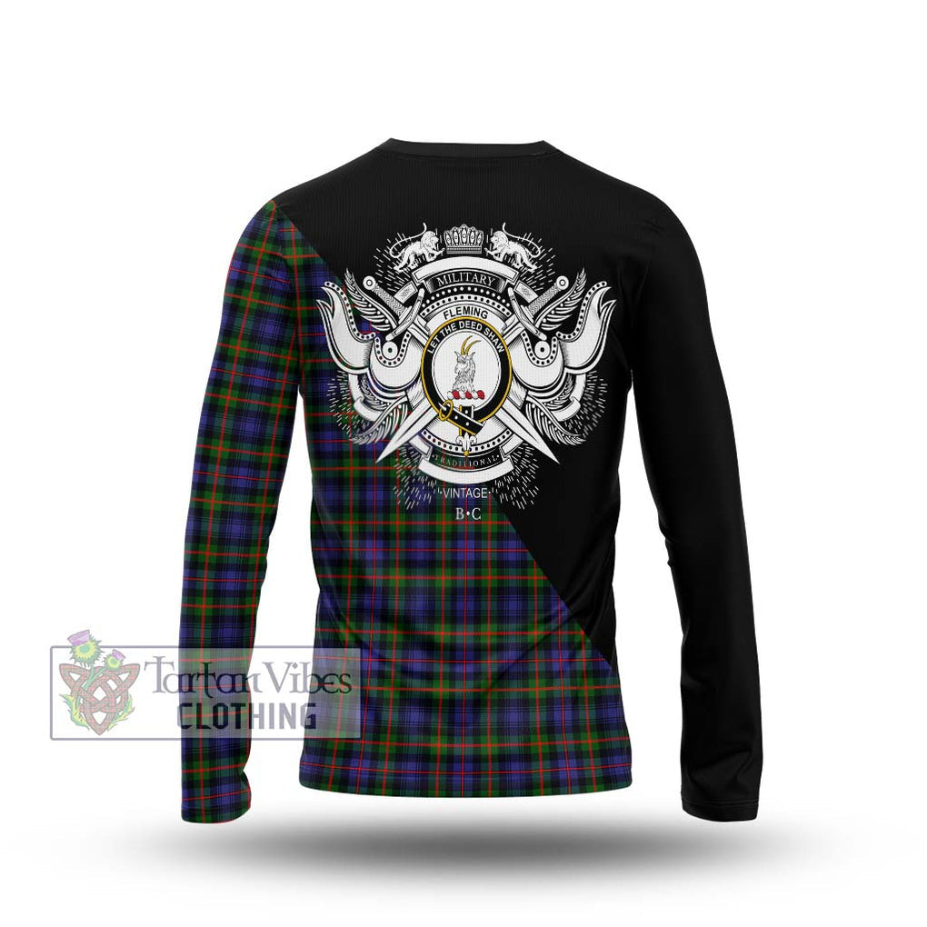 Fleming Tartan Long Sleeve T-Shirt with Family Crest and Military Logo Style - Tartanvibesclothing Shop