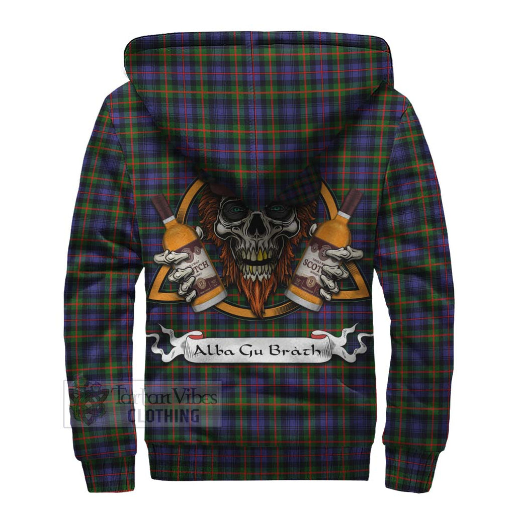 Tartan Vibes Clothing Fleming Tartan Sherpa Hoodie with Family Crest and Bearded Skull Holding Bottles of Whiskey