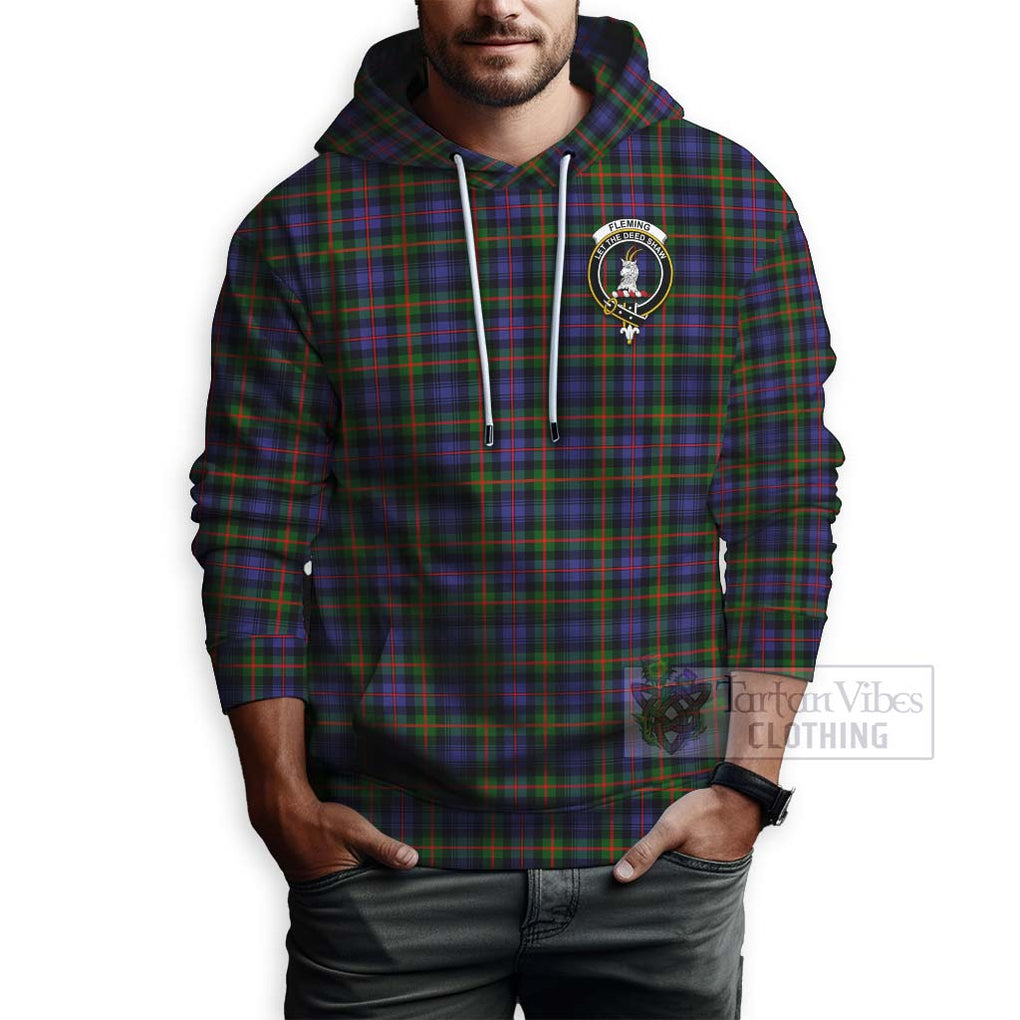 Tartan Vibes Clothing Fleming Tartan Hoodie with Family Crest and Bearded Skull Holding Bottles of Whiskey