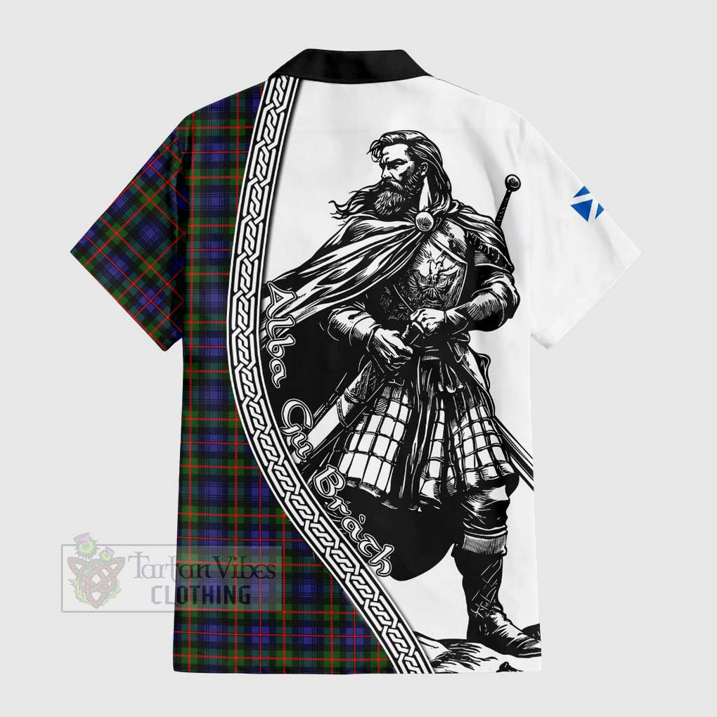 Tartan Vibes Clothing Fleming Tartan Clan Crest Short Sleeve Button Shirt with Highlander Warrior Celtic Style