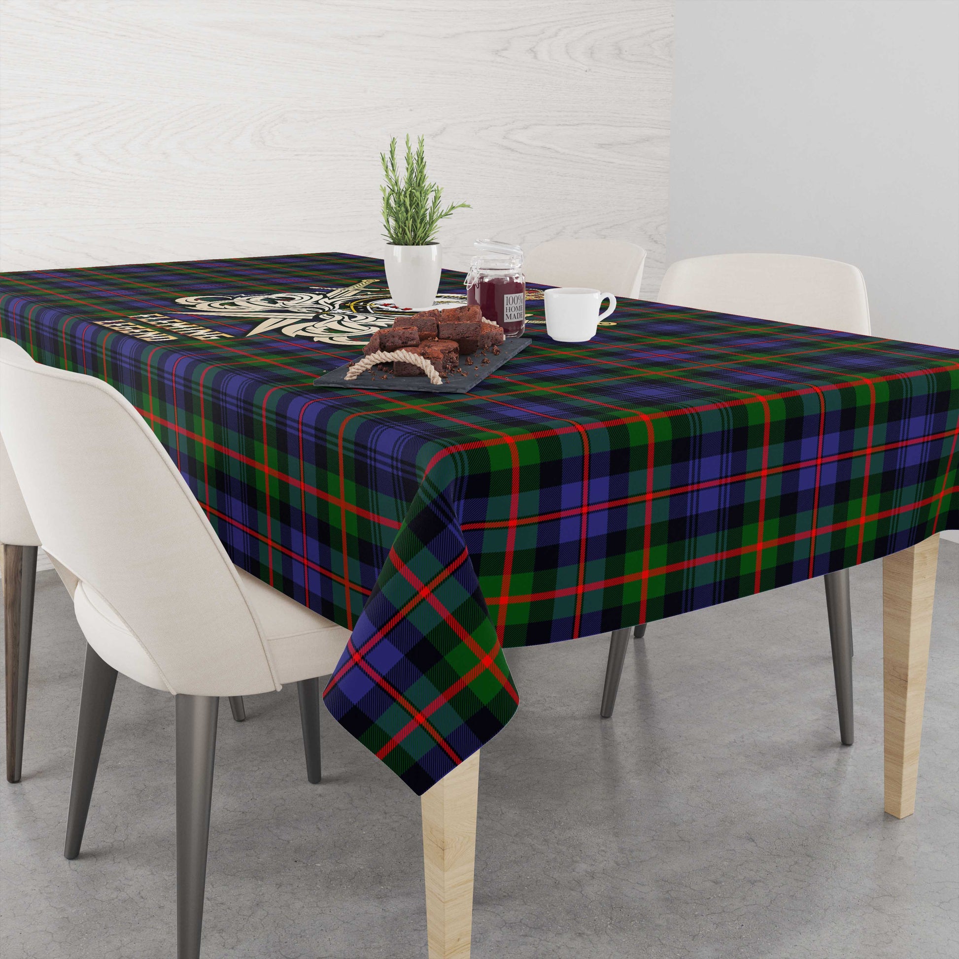 Tartan Vibes Clothing Fleming Tartan Tablecloth with Clan Crest and the Golden Sword of Courageous Legacy