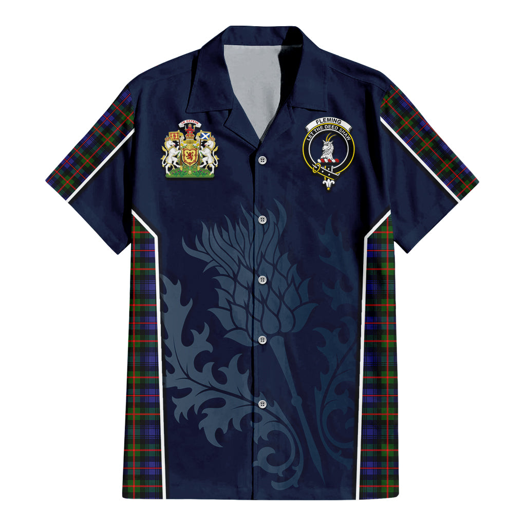 Tartan Vibes Clothing Fleming Tartan Short Sleeve Button Up Shirt with Family Crest and Scottish Thistle Vibes Sport Style