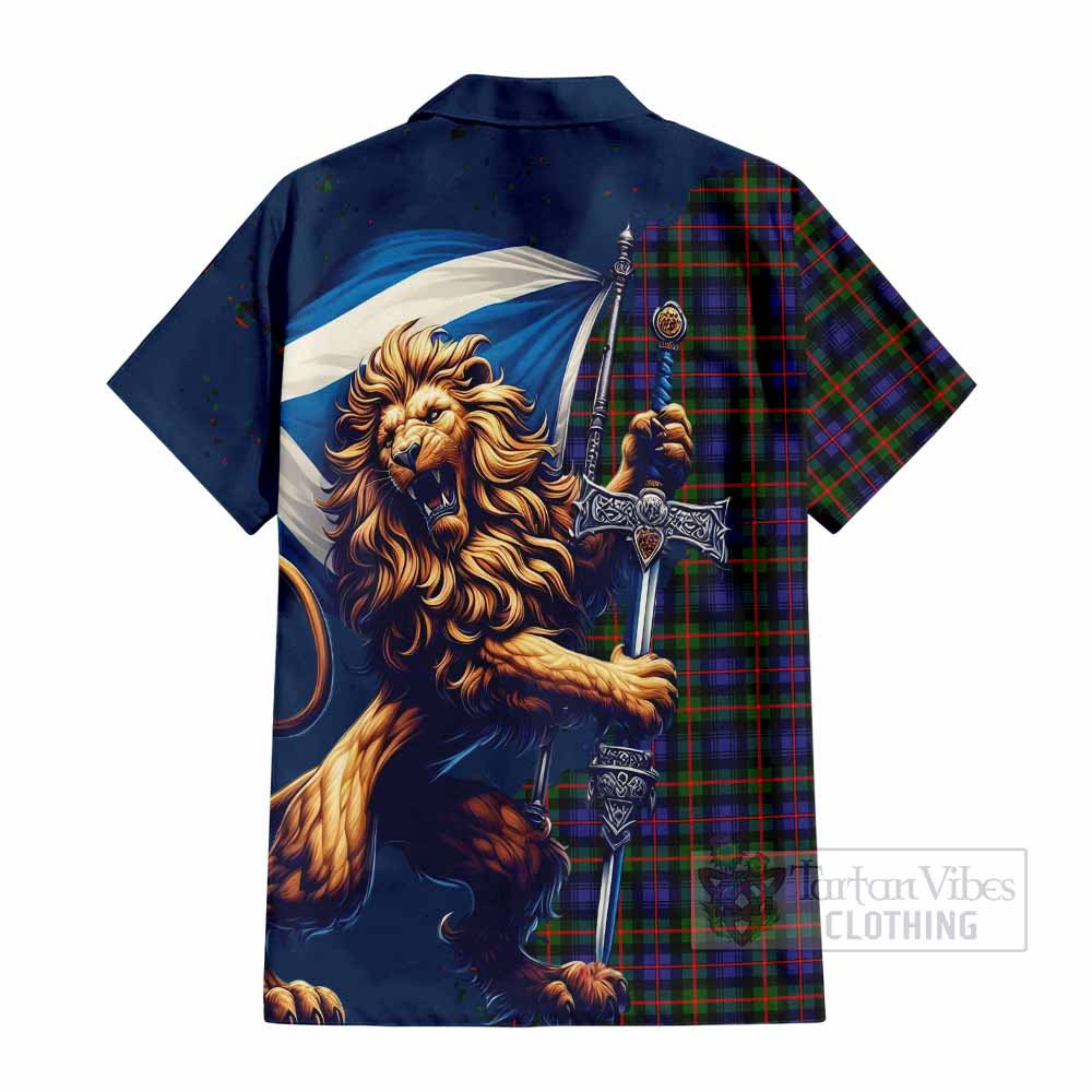 Tartan Vibes Clothing Fleming Tartan Family Crest Short Sleeve Button Shirt with Scottish Majestic Lion