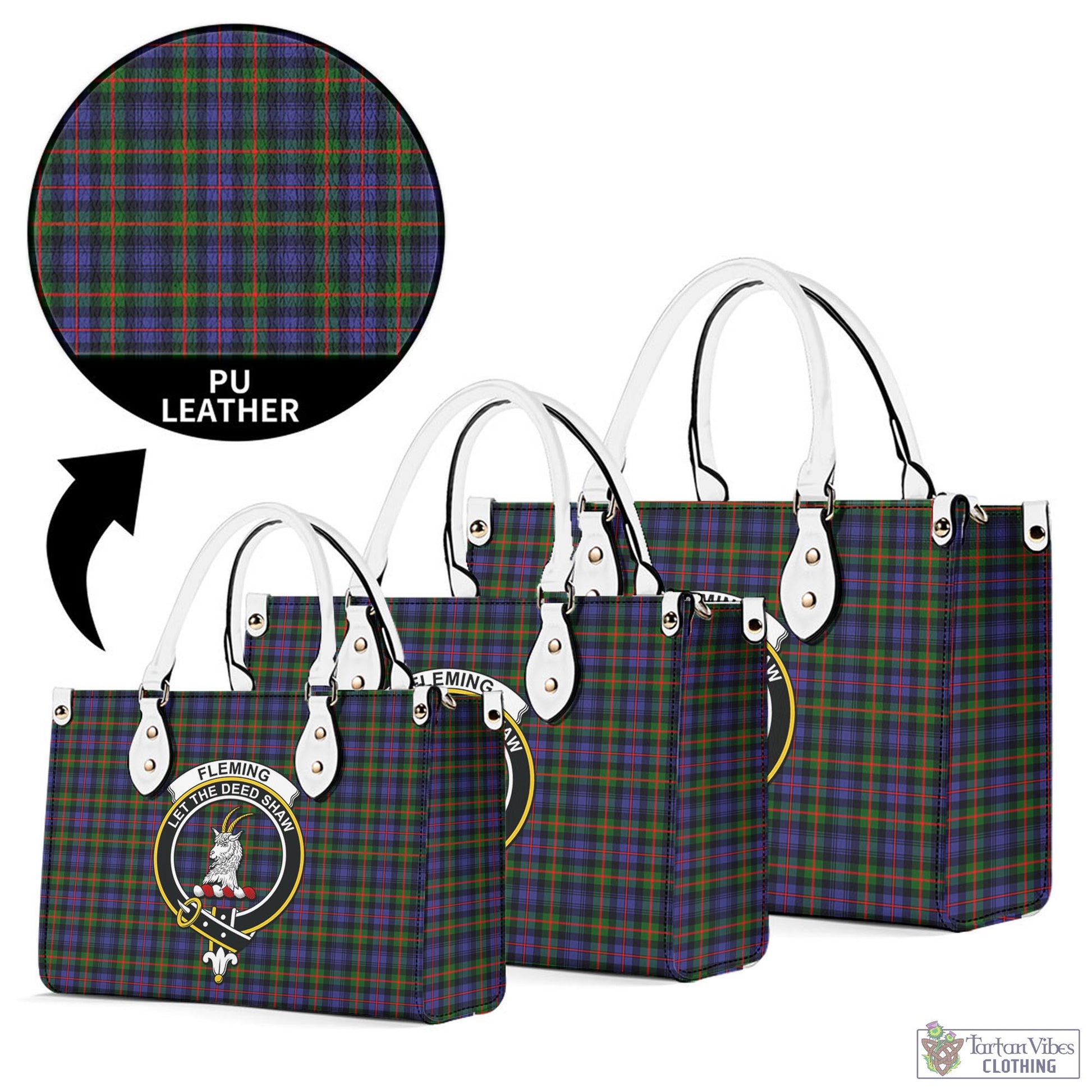 Tartan Vibes Clothing Fleming Tartan Luxury Leather Handbags with Family Crest