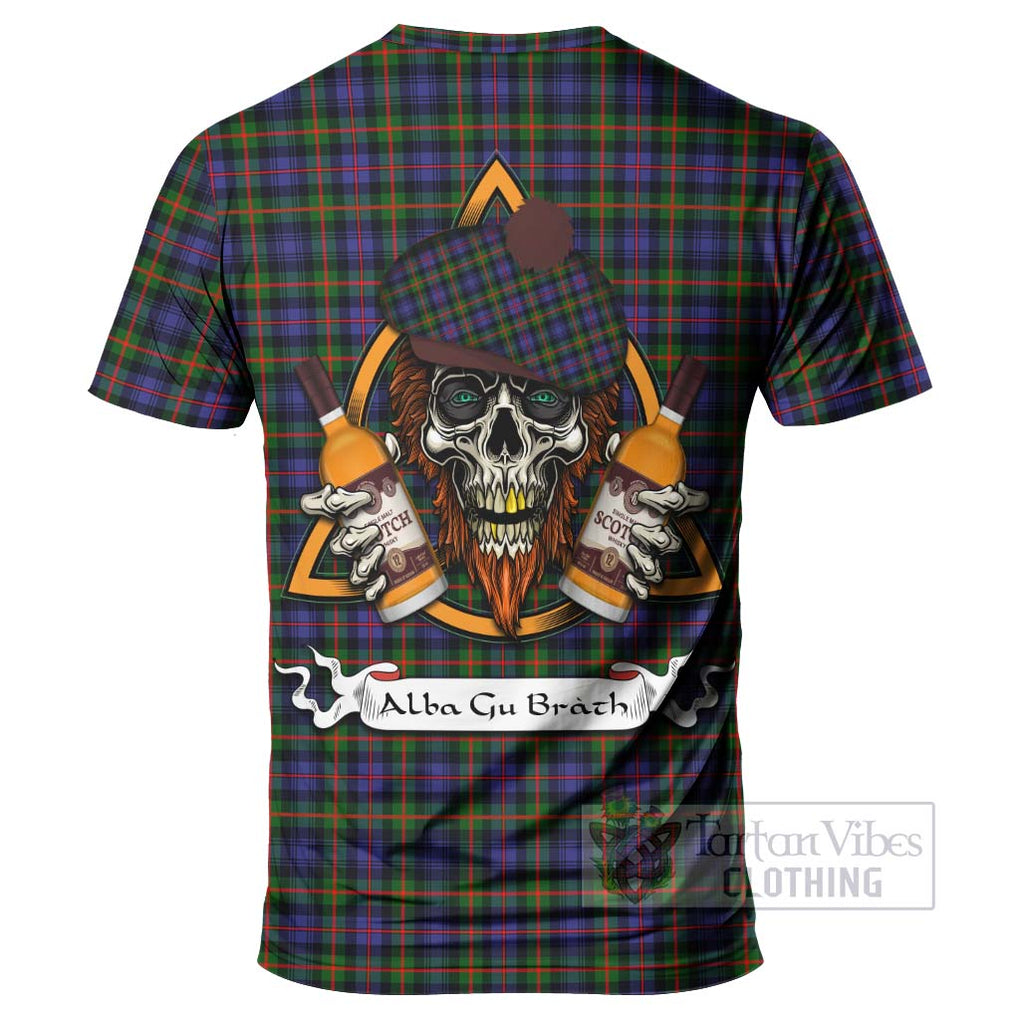 Tartan Vibes Clothing Fleming Tartan T-Shirt with Family Crest and Bearded Skull Holding Bottles of Whiskey