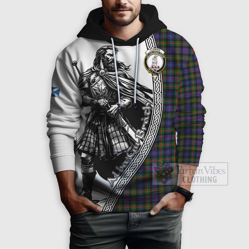 Tartan Vibes Clothing Fleming Tartan Clan Crest Hoodie with Highlander Warrior Celtic Style