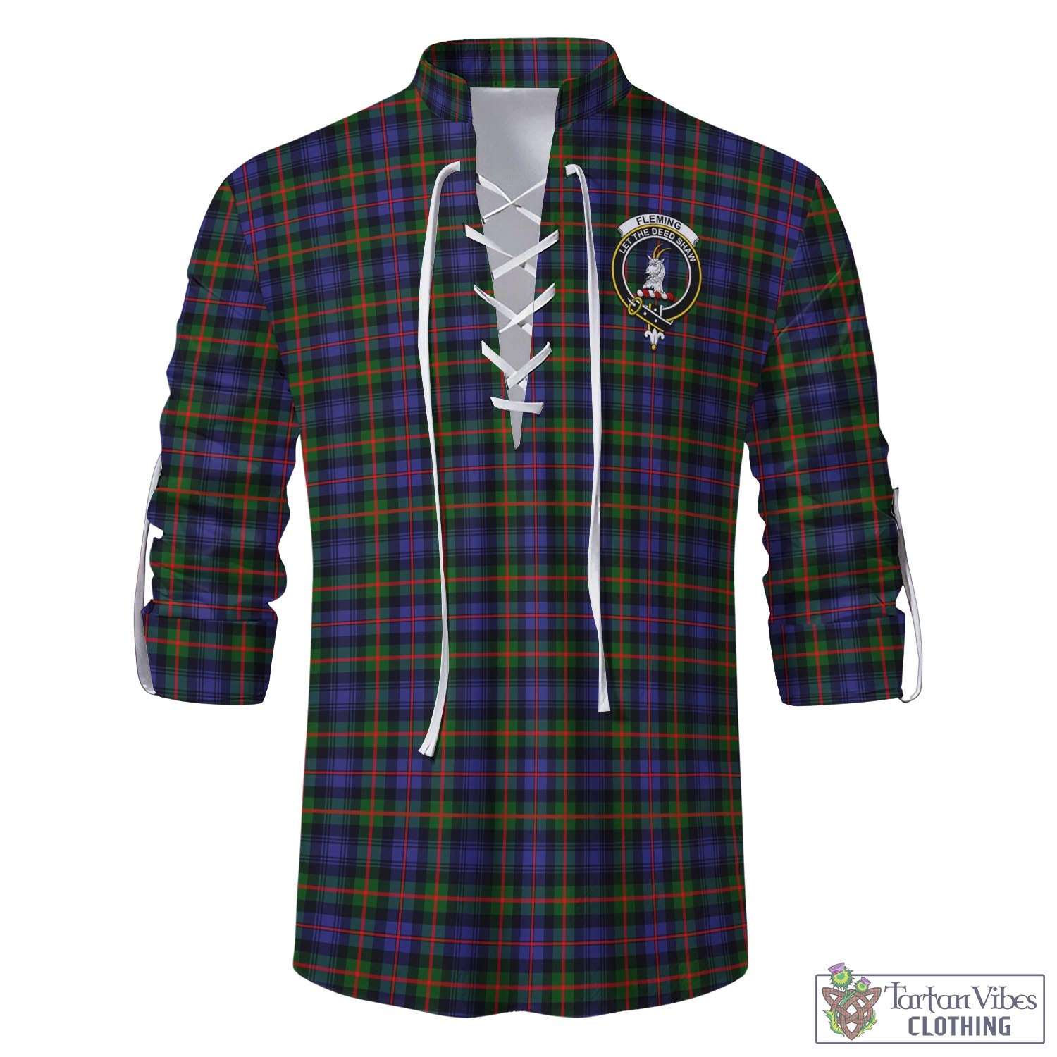 Tartan Vibes Clothing Fleming Tartan Men's Scottish Traditional Jacobite Ghillie Kilt Shirt with Family Crest