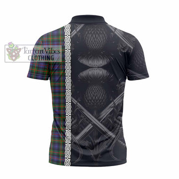 Fleming Tartan Zipper Polo Shirt with Family Crest Cross Sword Thistle Celtic Vibes