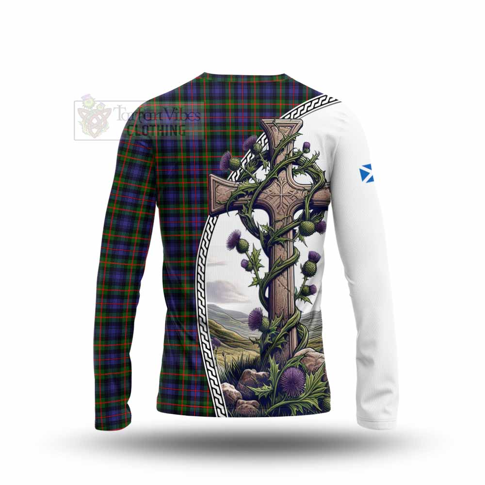 Tartan Vibes Clothing Fleming Tartan Long Sleeve T-Shirt with Family Crest and St. Andrew's Cross Accented by Thistle Vines