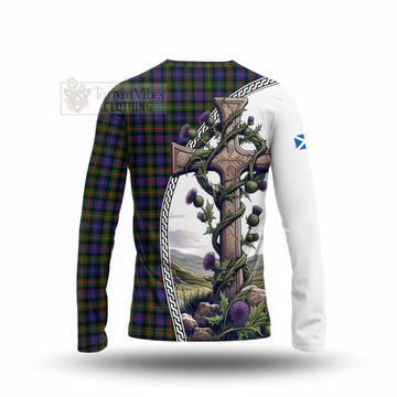 Fleming Tartan Long Sleeve T-Shirt with Family Crest and St. Andrew's Cross Accented by Thistle Vines