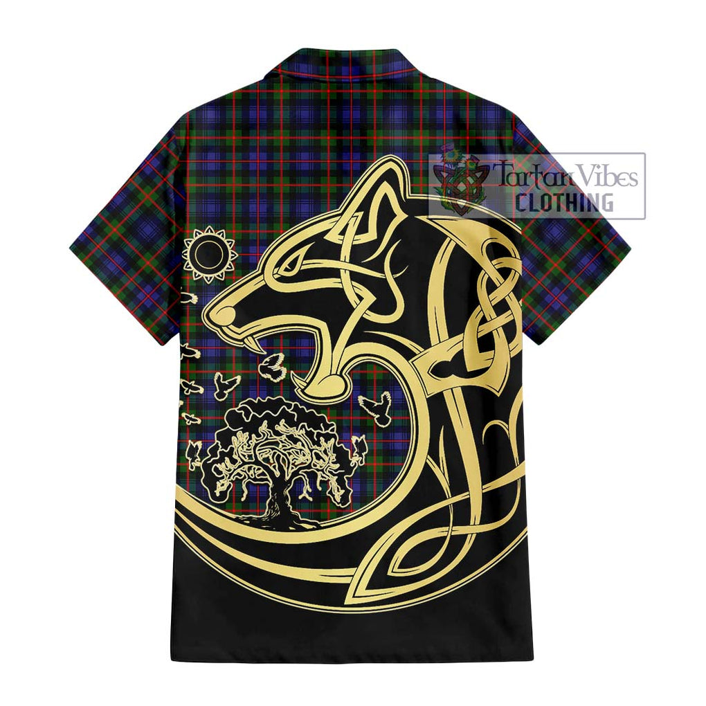 Fleming Tartan Short Sleeve Button Shirt with Family Crest Celtic Wolf Style - Tartan Vibes Clothing