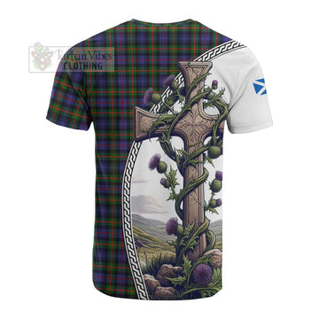 Fleming Tartan Cotton T-shirt with Family Crest and St. Andrew's Cross Accented by Thistle Vines