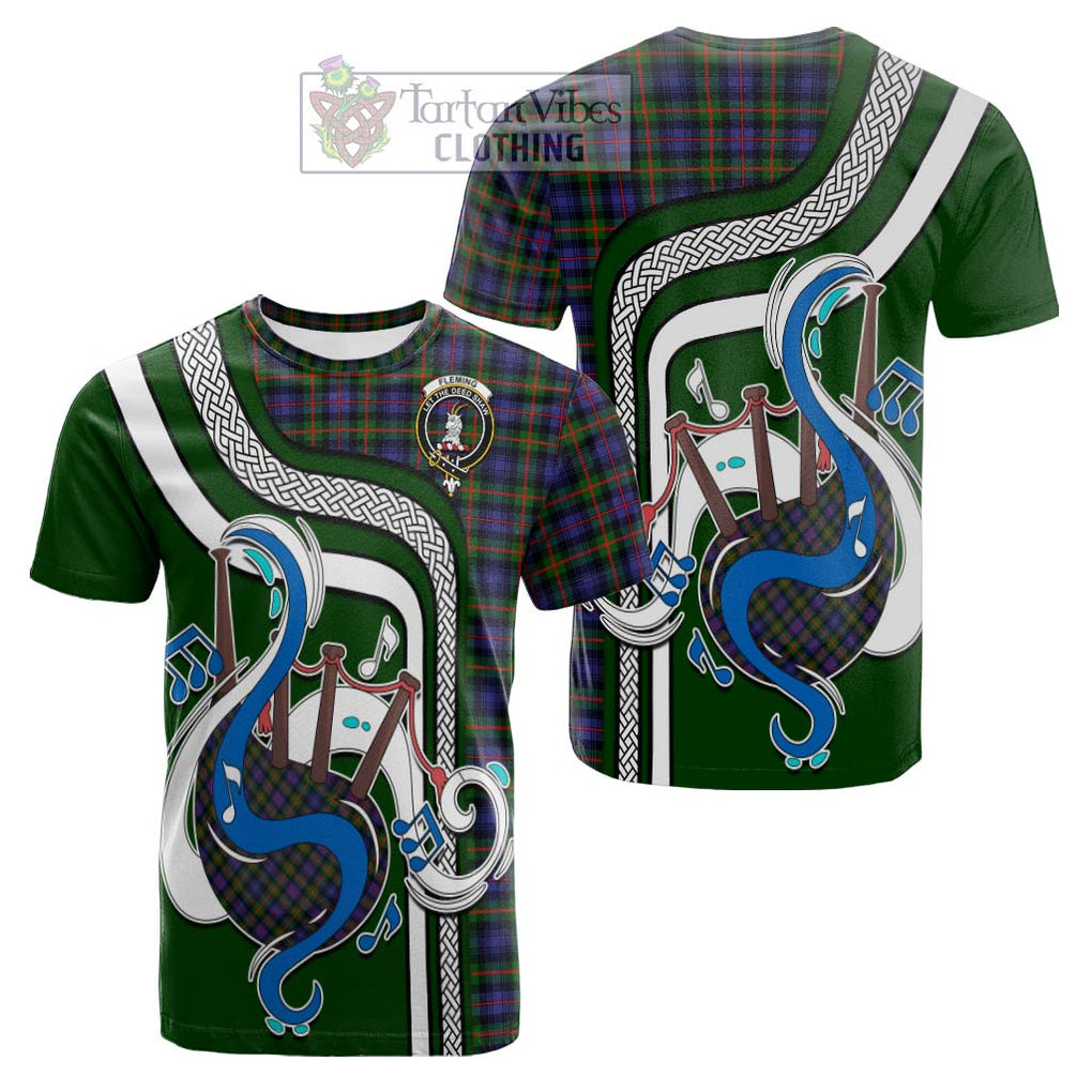 Tartan Vibes Clothing Fleming Tartan Cotton T-shirt with Epic Bagpipe Style