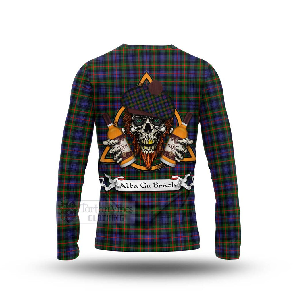 Tartan Vibes Clothing Fleming Tartan Long Sleeve T-Shirt with Family Crest and Bearded Skull Holding Bottles of Whiskey