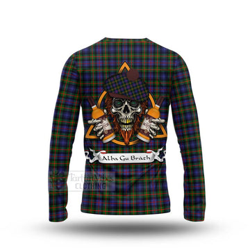 Fleming Tartan Long Sleeve T-Shirt with Family Crest and Bearded Skull Holding Bottles of Whiskey