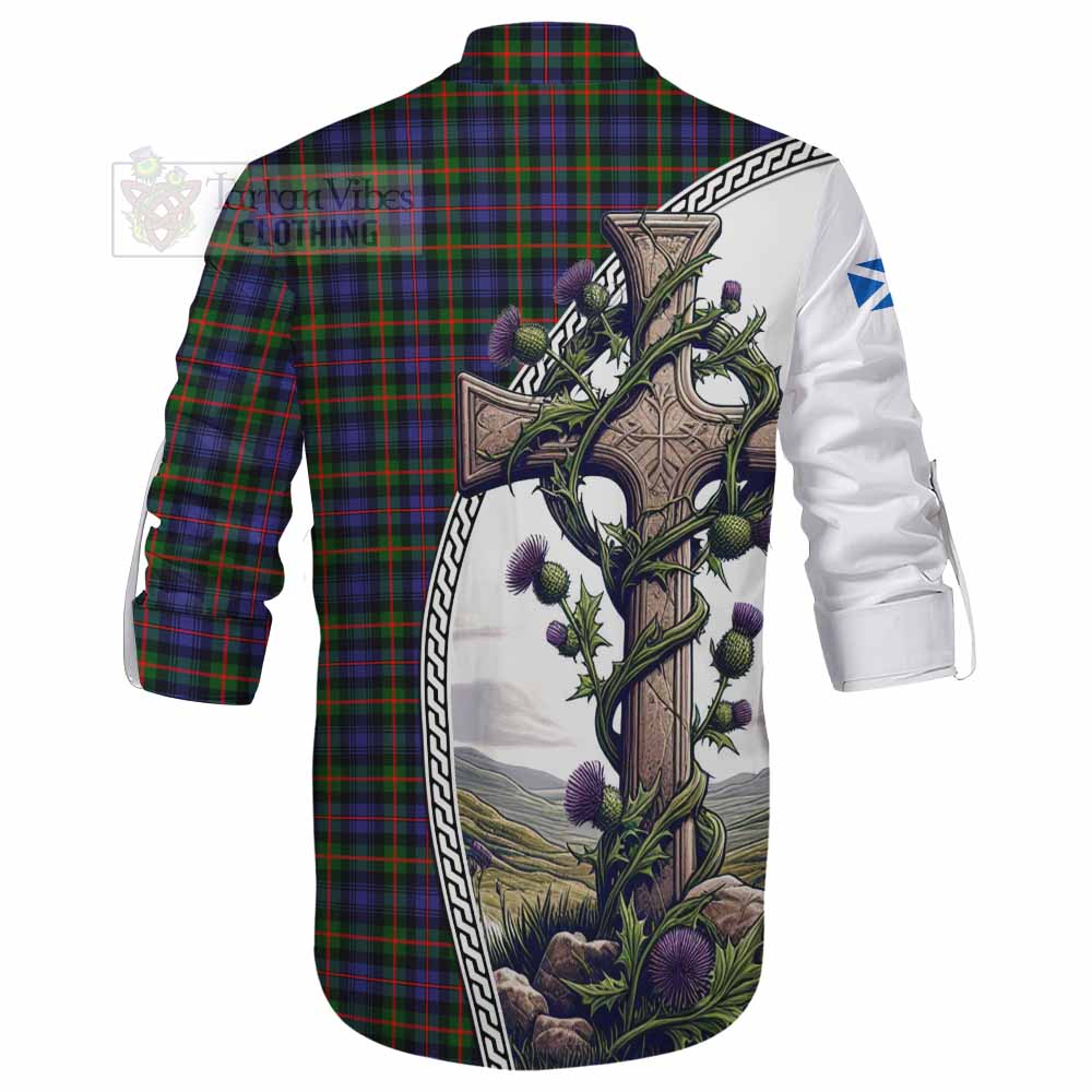 Tartan Vibes Clothing Fleming Tartan Ghillie Kilt Shirt with Family Crest and St. Andrew's Cross Accented by Thistle Vines