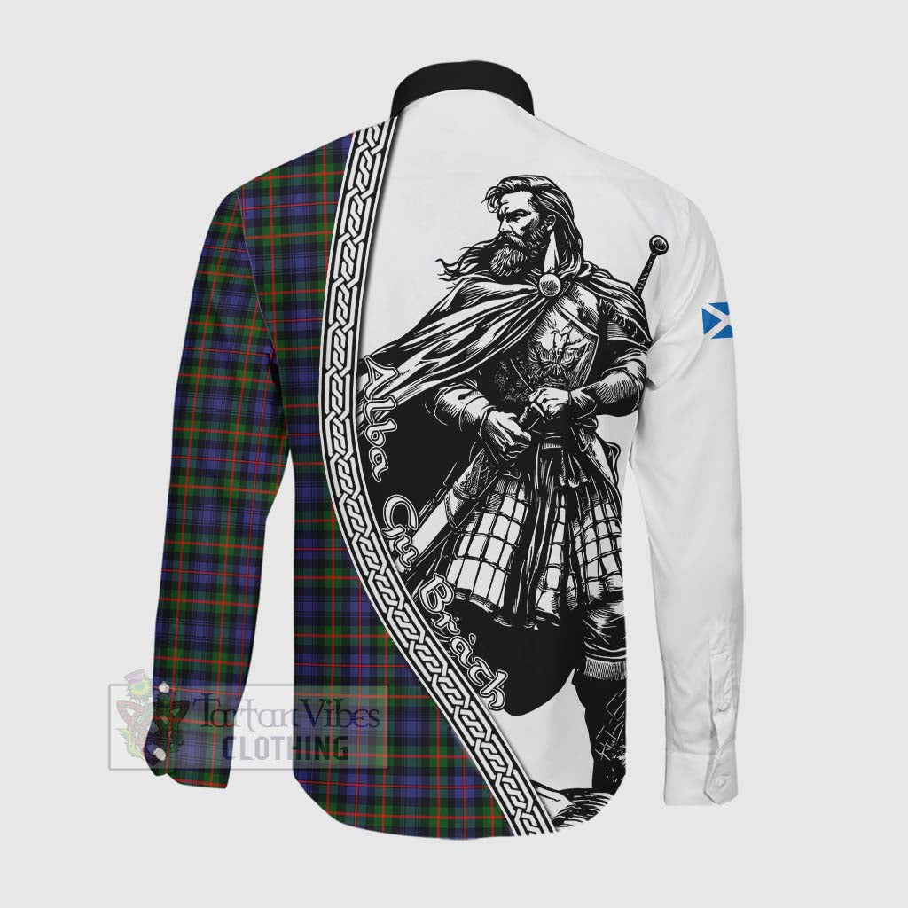 Tartan Vibes Clothing Fleming Tartan Clan Crest Long Sleeve Button Shirt with Highlander Warrior Celtic Style