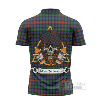 Fleming Tartan Zipper Polo Shirt with Family Crest and Bearded Skull Holding Bottles of Whiskey