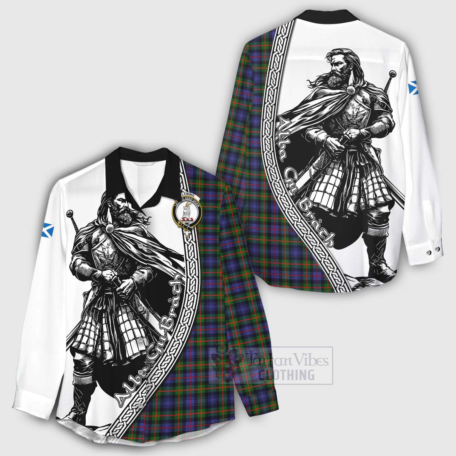 Tartan Vibes Clothing Fleming Tartan Clan Crest Women's Casual Shirt with Highlander Warrior Celtic Style