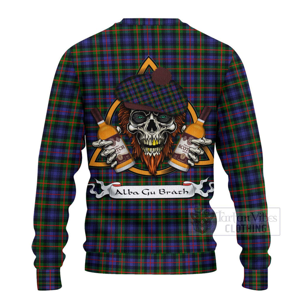 Tartan Vibes Clothing Fleming Tartan Knitted Sweater with Family Crest and Bearded Skull Holding Bottles of Whiskey