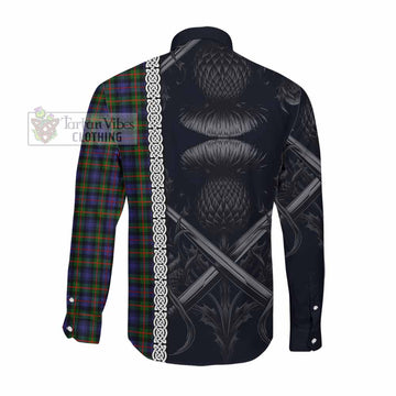 Fleming Tartan Long Sleeve Button Shirt with Family Crest Cross Sword Thistle Celtic Vibes