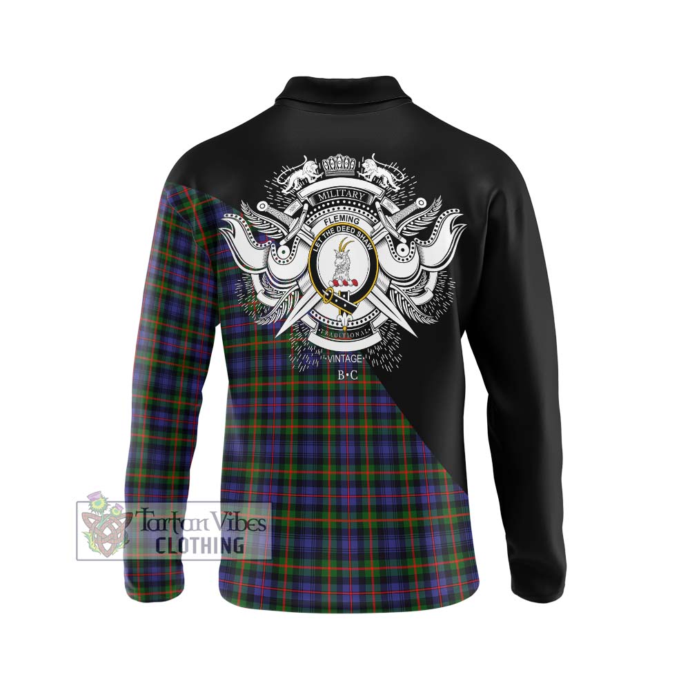 Fleming Tartan Long Sleeve Polo Shirt with Family Crest and Military Logo Style - Tartanvibesclothing Shop