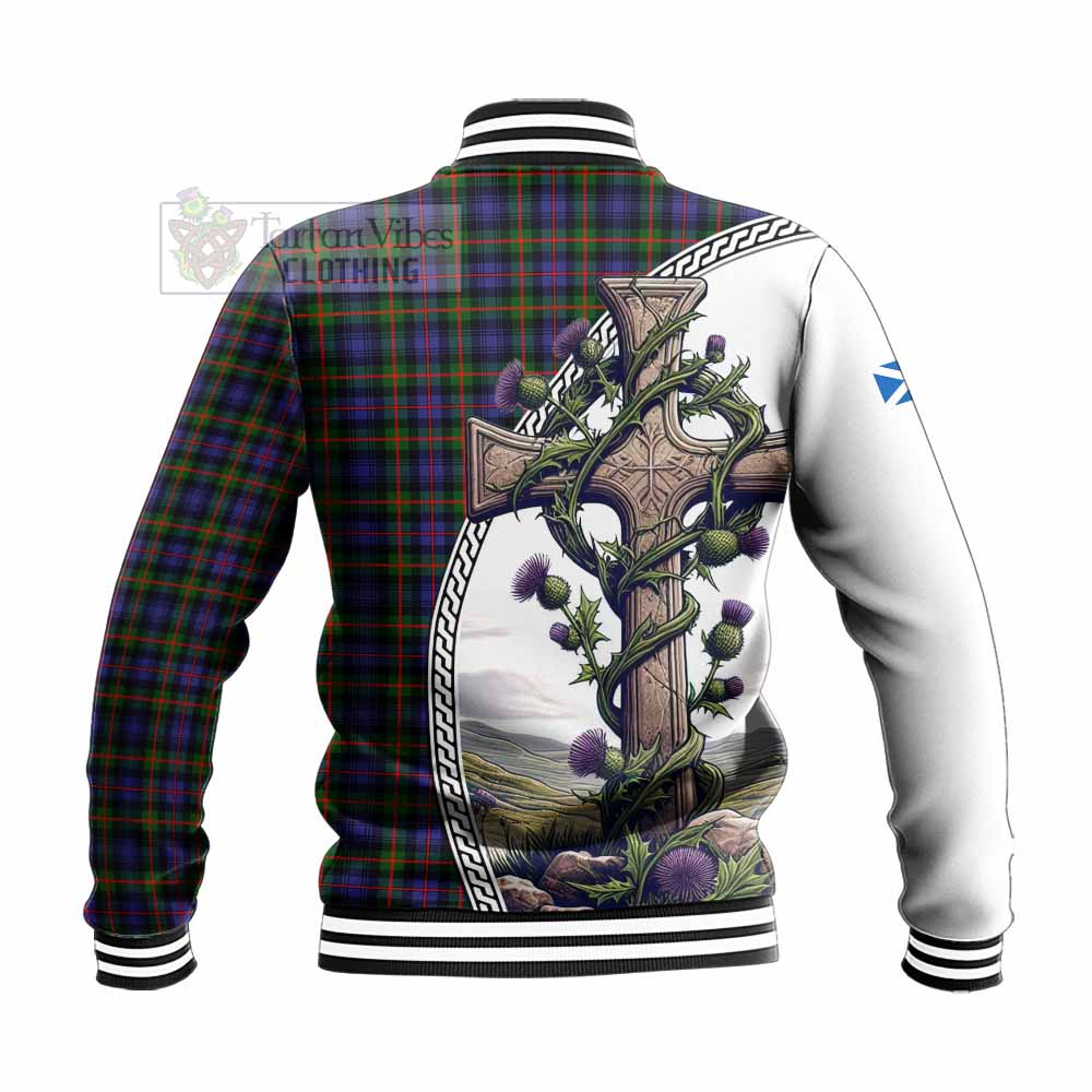 Tartan Vibes Clothing Fleming Tartan Baseball Jacket with Family Crest and St. Andrew's Cross Accented by Thistle Vines