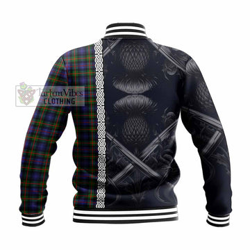 Fleming Tartan Baseball Jacket with Family Crest Cross Sword Thistle Celtic Vibes