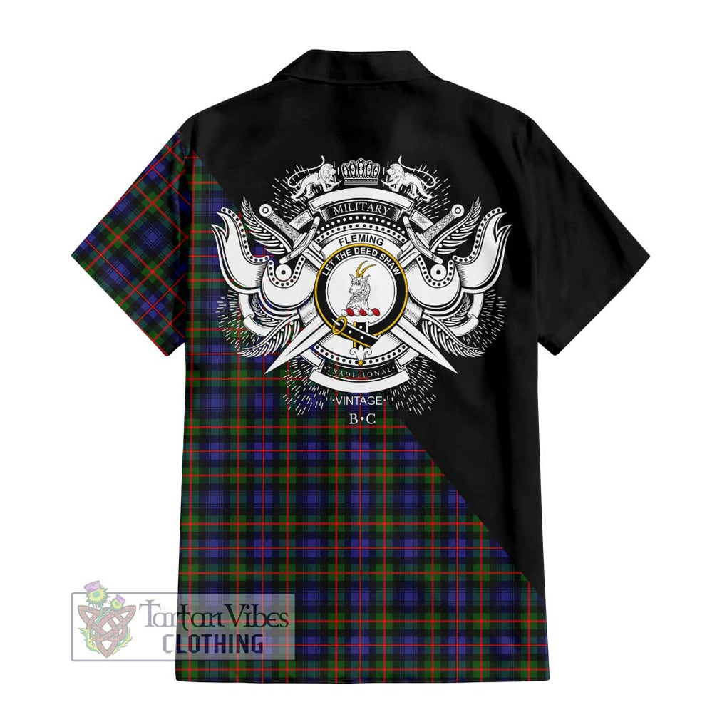 Fleming Tartan Short Sleeve Button Shirt with Family Crest and Military Logo Style - Tartanvibesclothing Shop