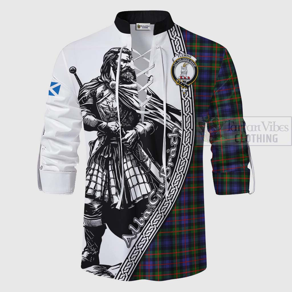 Tartan Vibes Clothing Fleming Tartan Clan Crest Ghillie Kilt Shirt with Highlander Warrior Celtic Style