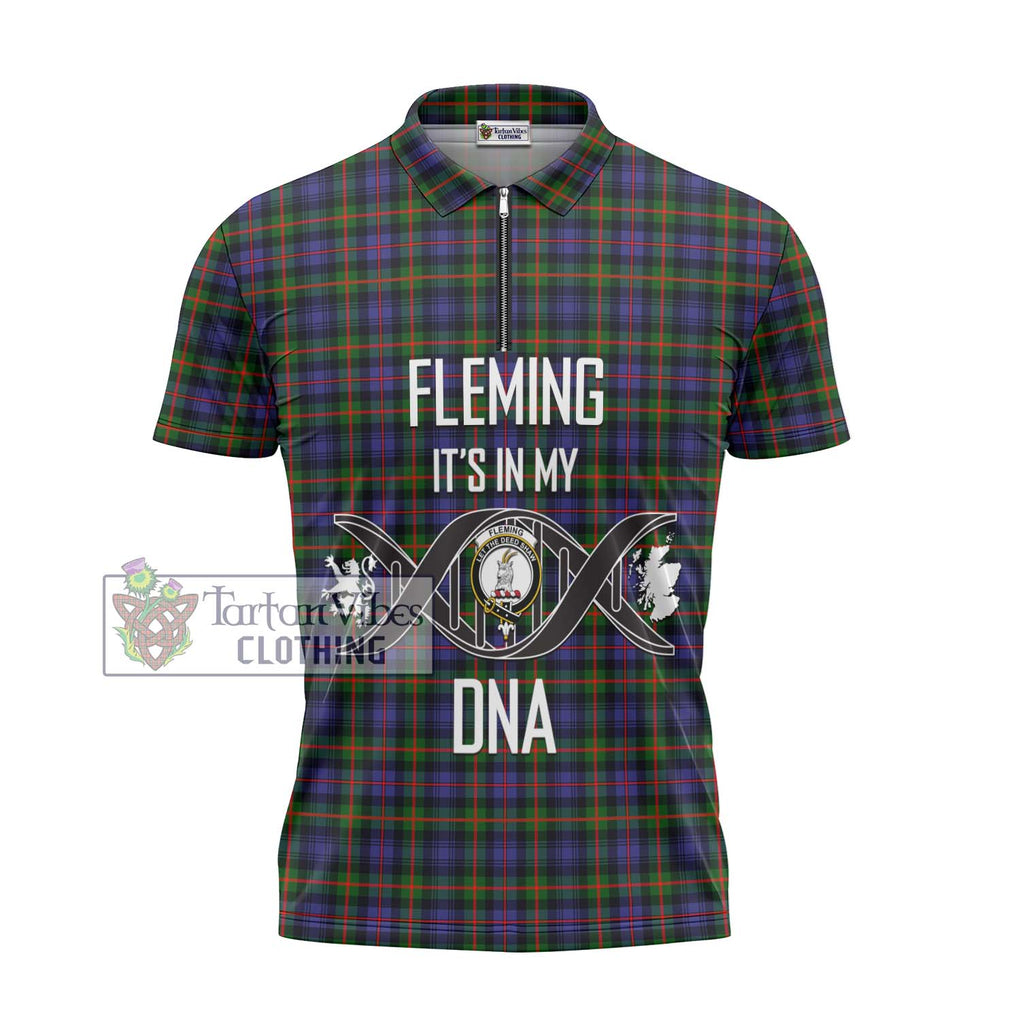 Fleming Tartan Zipper Polo Shirt with Family Crest DNA In Me Style - Tartanvibesclothing Shop