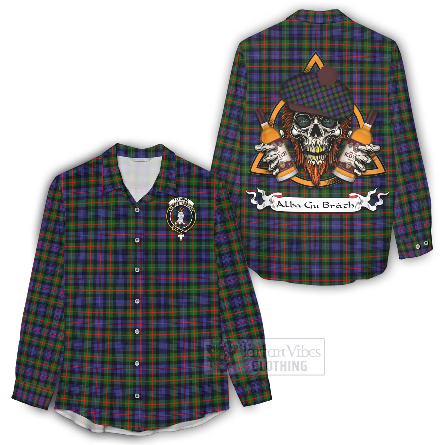 Tartan Vibes Clothing Fleming Tartan Women's Casual Shirt with Family Crest and Bearded Skull Holding Bottles of Whiskey