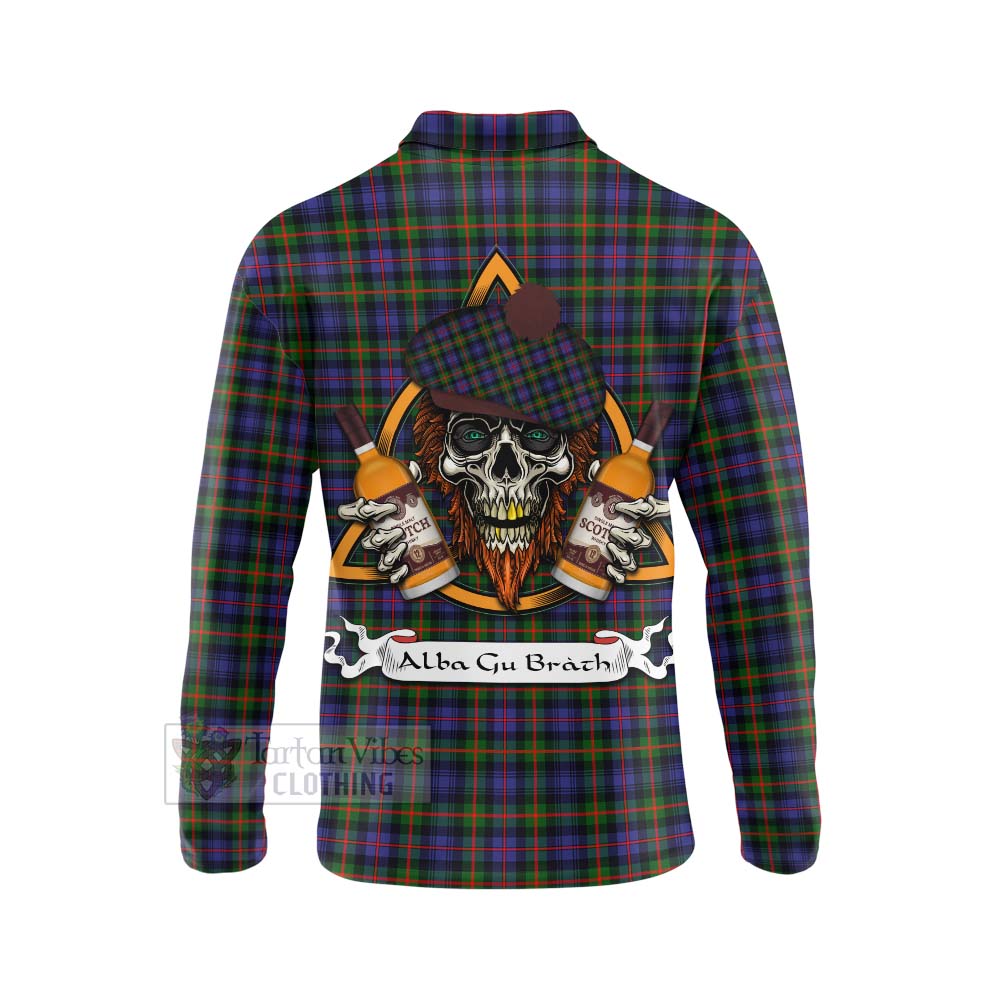 Tartan Vibes Clothing Fleming Tartan Long Sleeve Polo Shirt with Family Crest and Bearded Skull Holding Bottles of Whiskey