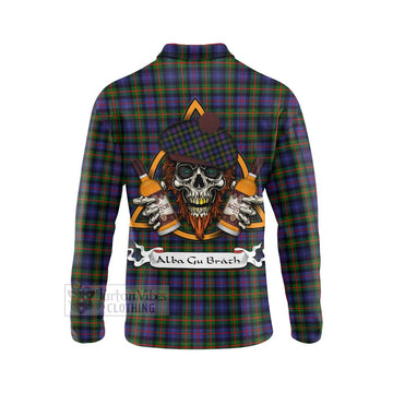 Fleming Tartan Long Sleeve Polo Shirt with Family Crest and Bearded Skull Holding Bottles of Whiskey