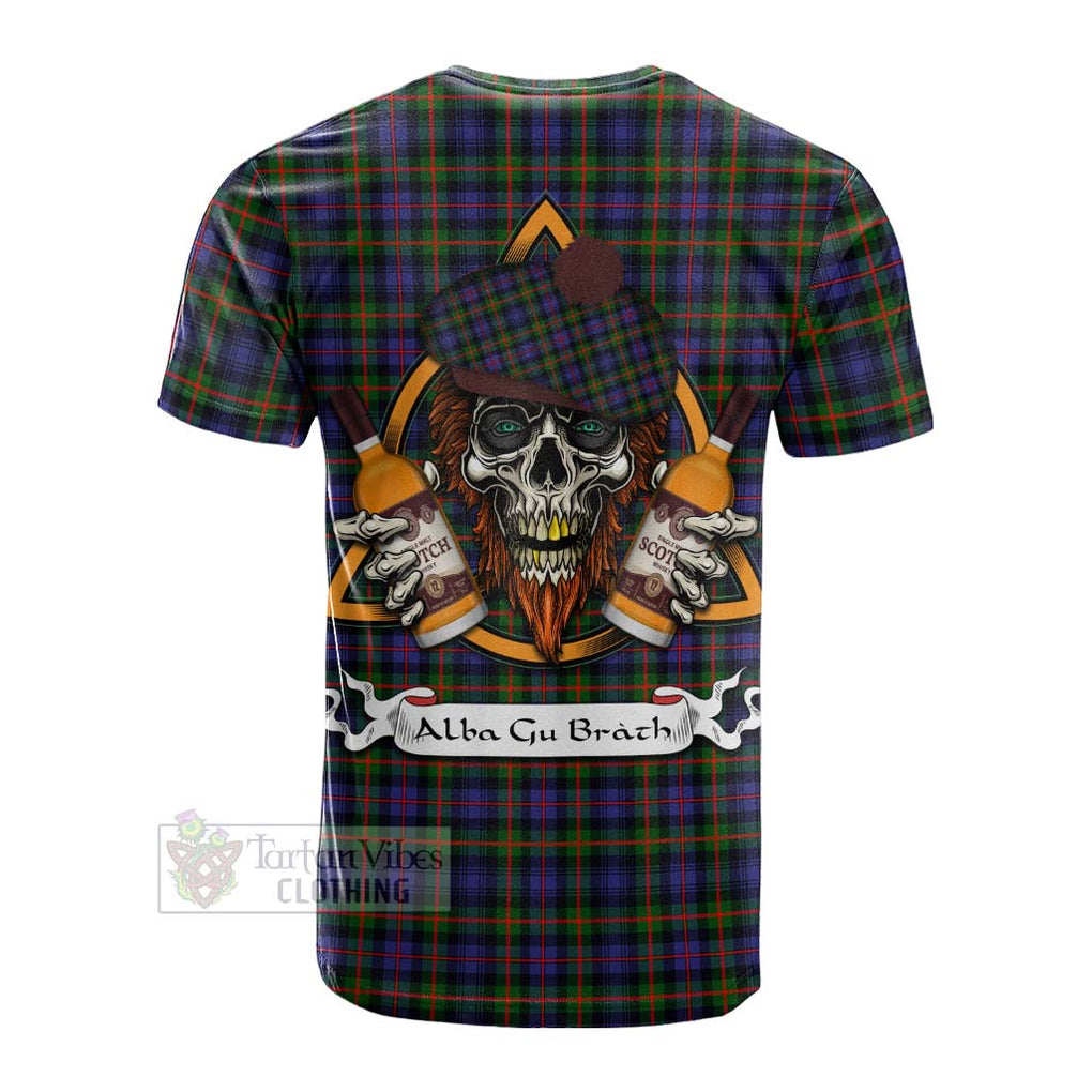 Tartan Vibes Clothing Fleming Tartan Cotton T-shirt with Family Crest and Bearded Skull Holding Bottles of Whiskey