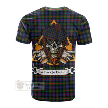 Fleming Tartan Cotton T-shirt with Family Crest and Bearded Skull Holding Bottles of Whiskey