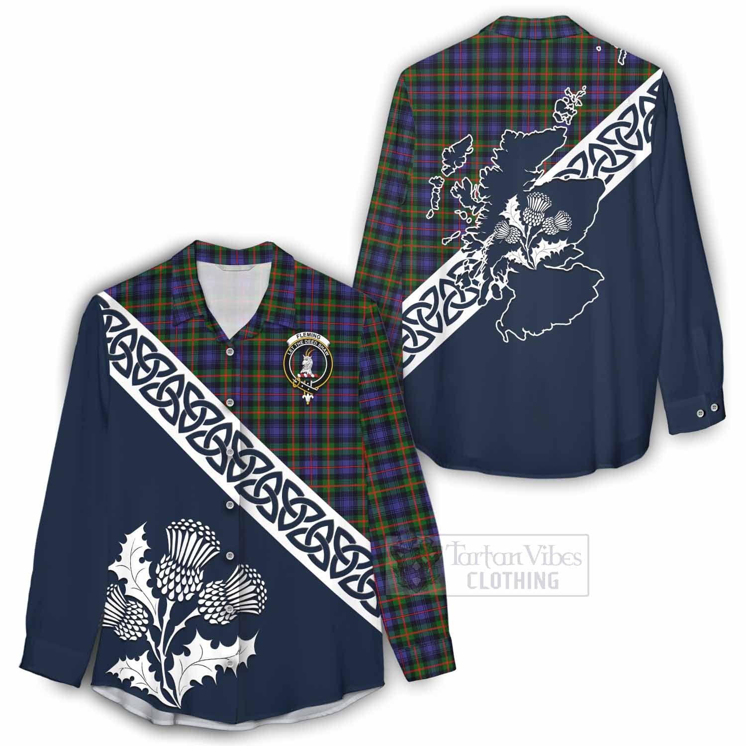 Tartan Vibes Clothing Fleming Tartan Women's Casual Shirt Featuring Thistle and Scotland Map