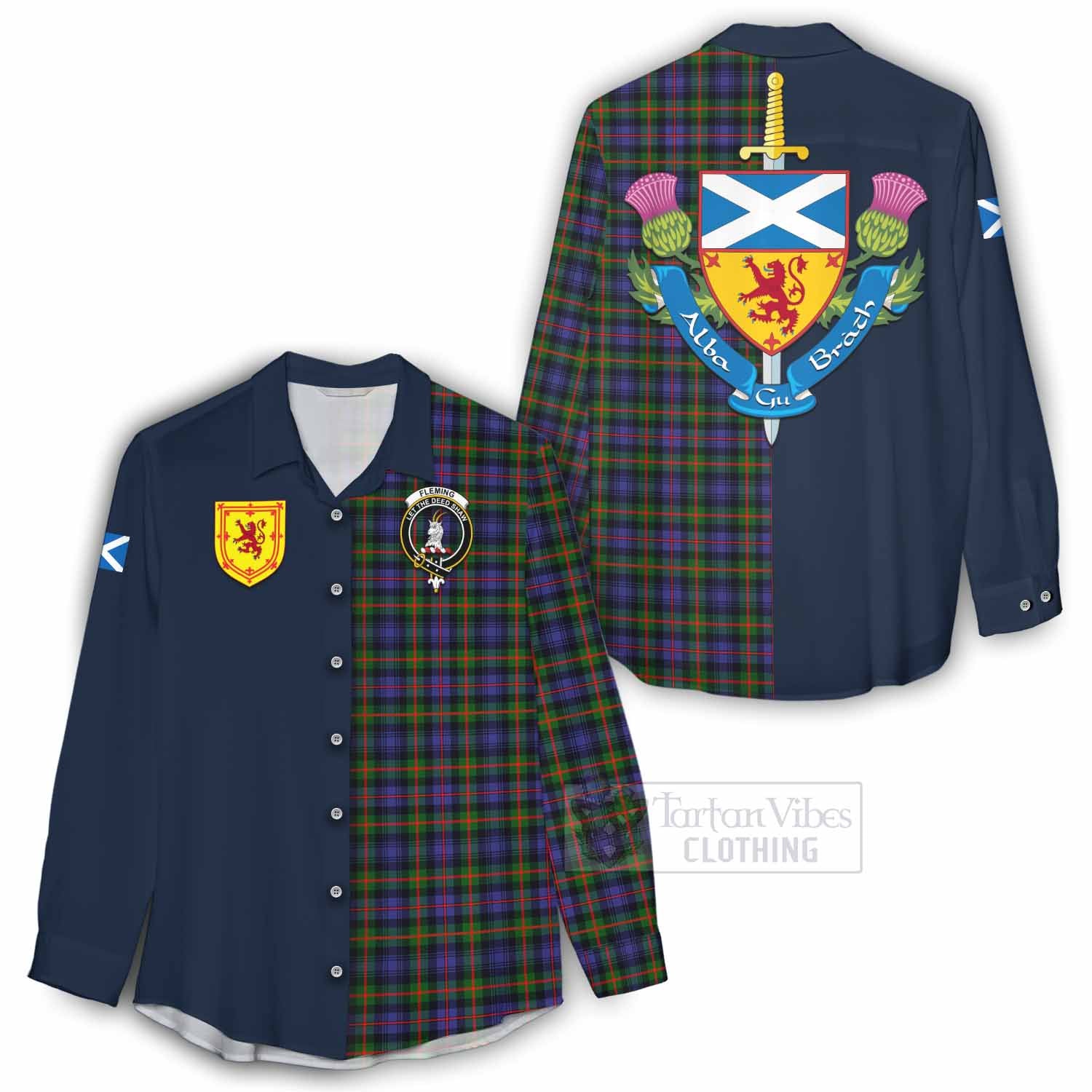 Tartan Vibes Clothing Fleming Tartan Women's Casual Shirt Alba with Scottish Lion Royal Arm Half Style