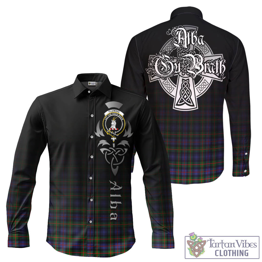 Tartan Vibes Clothing Fleming Tartan Long Sleeve Button Up Featuring Alba Gu Brath Family Crest Celtic Inspired