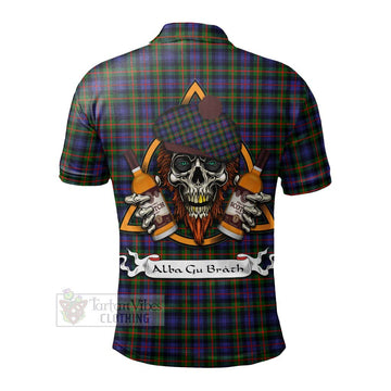 Fleming Tartan Polo Shirt with Family Crest and Bearded Skull Holding Bottles of Whiskey