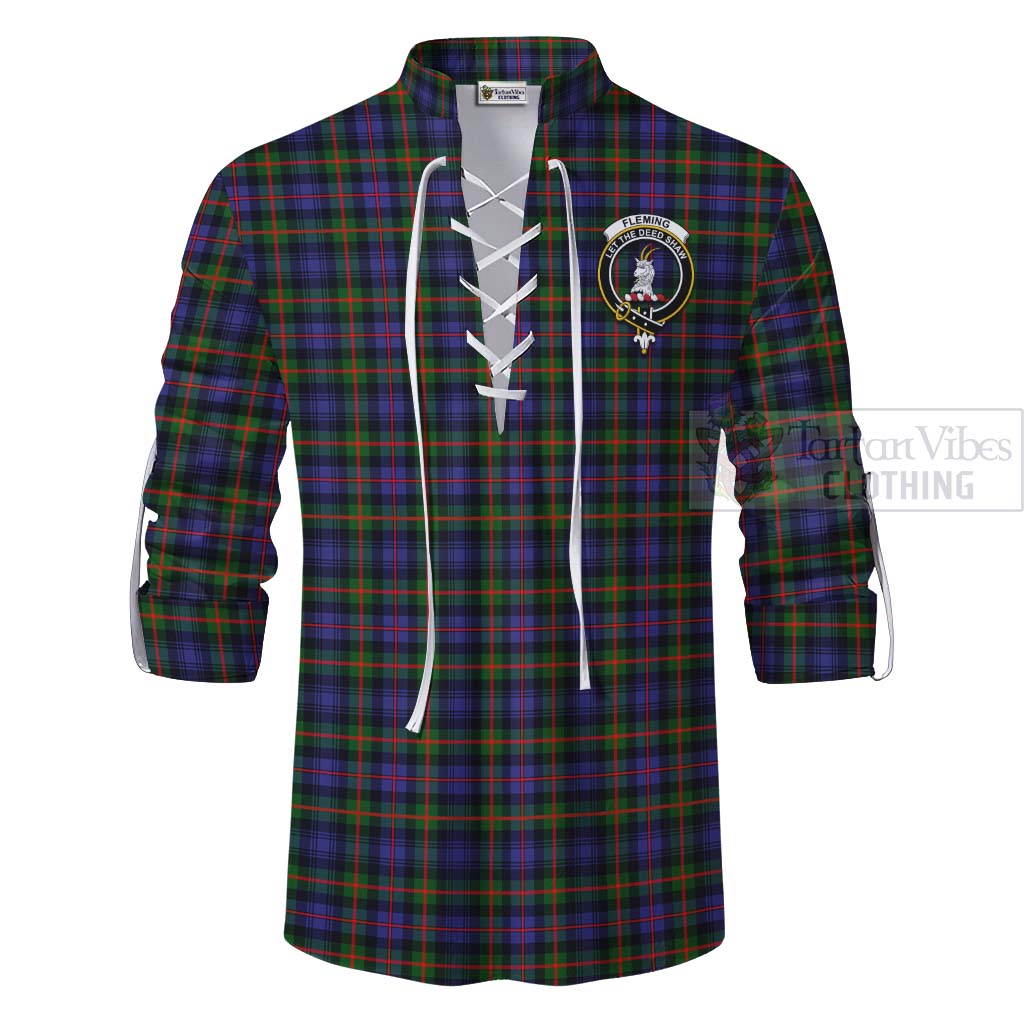 Tartan Vibes Clothing Fleming Tartan Ghillie Kilt Shirt with Family Crest and Bearded Skull Holding Bottles of Whiskey