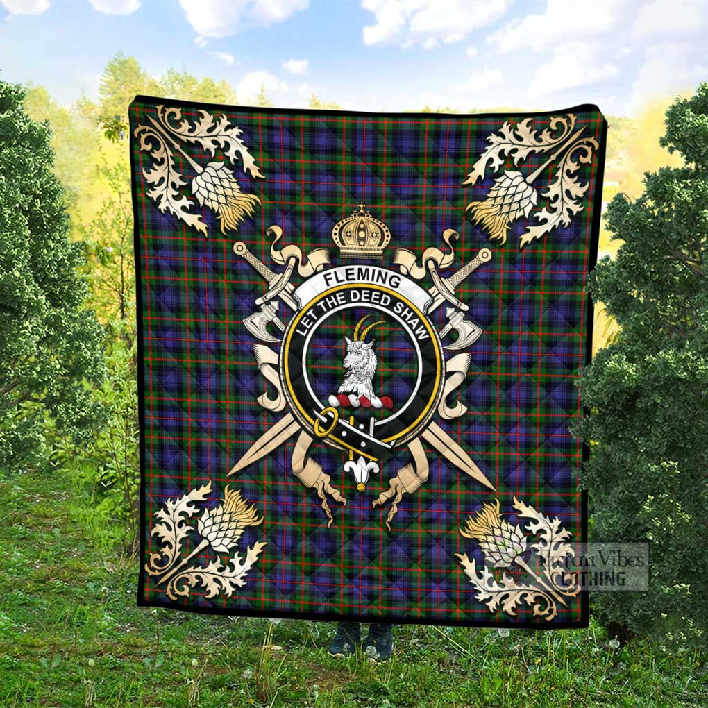 Tartan Vibes Clothing Fleming Tartan Quilt with Family Crest and Scottish Golden Courage Shield