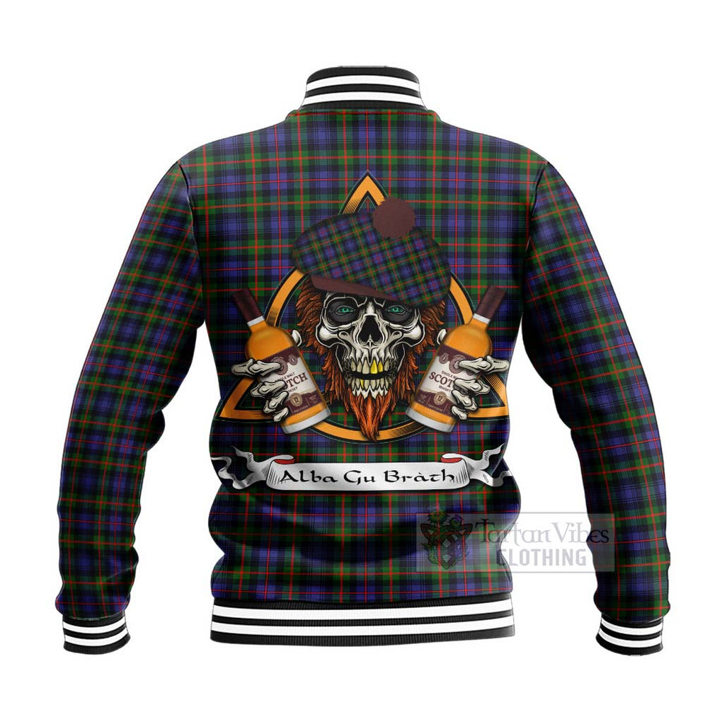 Tartan Vibes Clothing Fleming Tartan Baseball Jacket with Family Crest and Bearded Skull Holding Bottles of Whiskey