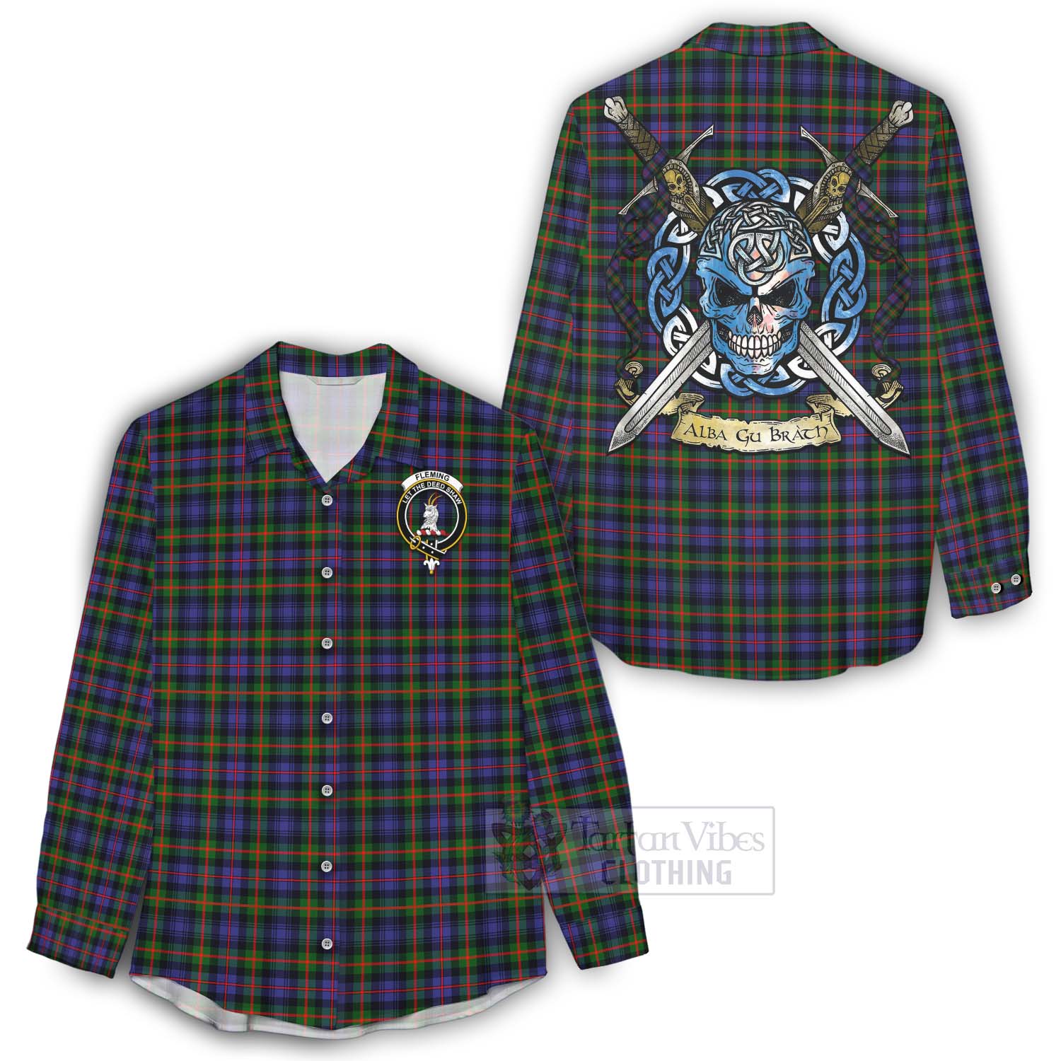 Tartan Vibes Clothing Fleming Tartan Women's Casual Shirt with Family Crest Celtic Skull Style