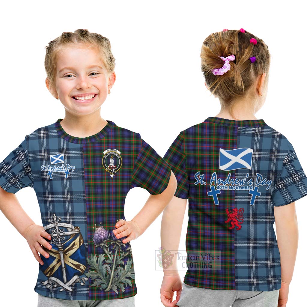 Fleming Tartan Kid T-Shirt Happy St. Andrew's Day Half Tartan Style - Tartan Vibes Clothing