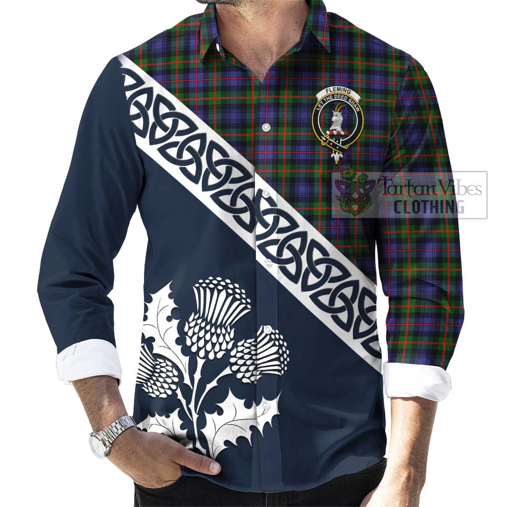 Tartan Vibes Clothing Fleming Tartan Long Sleeve Button Shirt Featuring Thistle and Scotland Map